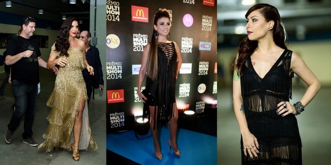 Ivete Sangalo usou vestido de franjas longo e dourado. Paula Fernandes e Pitty foram de preto curto também de franjas