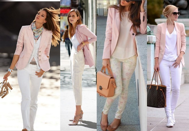 blazer rosa clarinho com combinado com calça branca, bege e até floral de fundo claro