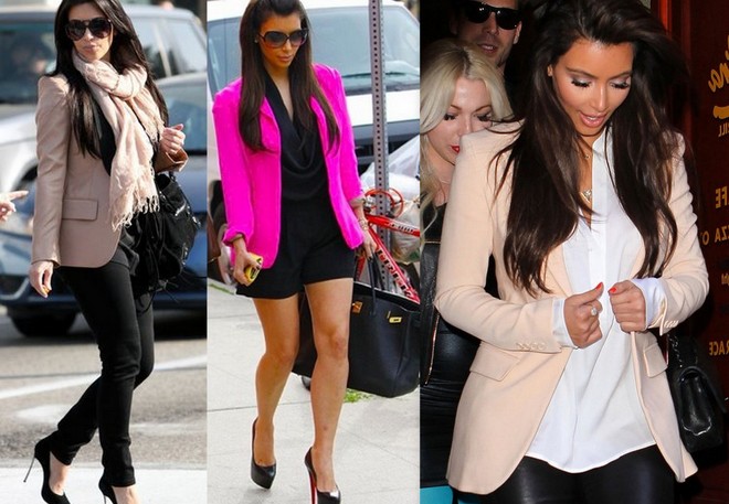Kim kardashian usa blazer rosa com calça preta, macaquinho preto e calça de couro com blusa branca