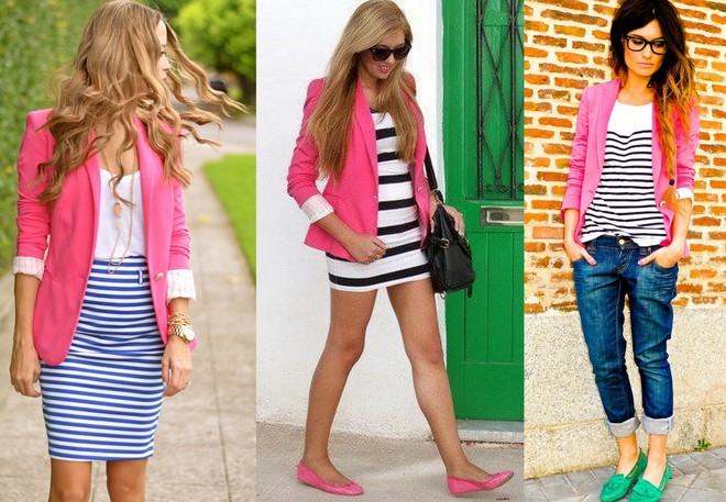 Blazer rosa combinado com saia lápis, vestido ou camiseta, todos de listra