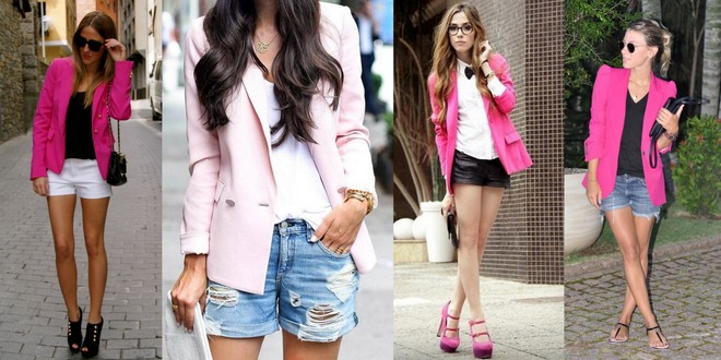 Pink blazer com shorts branco, jeans ou preto cai bem