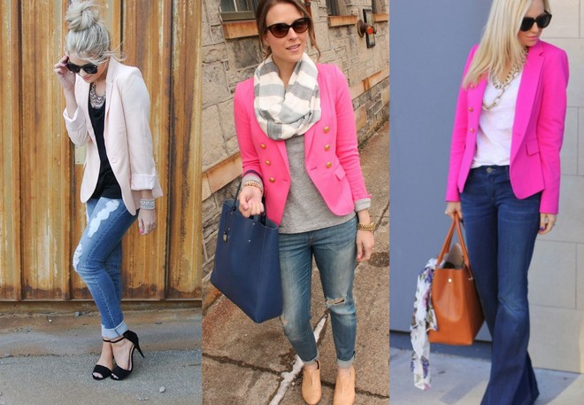 pink blazer com calça jeans