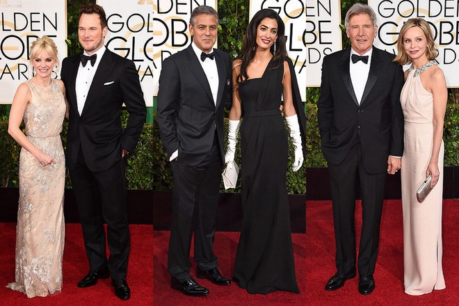 Anna Faris e Chris Pratt; George e Amal Clooney, que podia ter deixado essas luvas brancas em casa; e Harrison Ford e Calista Flockhart