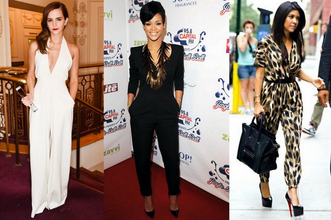 Emma Watson usa macacão branco. Rihanna usa preto e Kourtney Kardashian usa estampa de onça