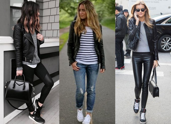 Jaqueta de couro preta com calça preta, calça jeans e blusa listrada e com calça também de couro preta